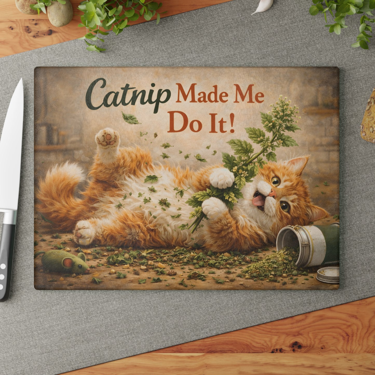 Catnip Made Me Do It Glass Cutting Board – Funny Cat Kitchen Art