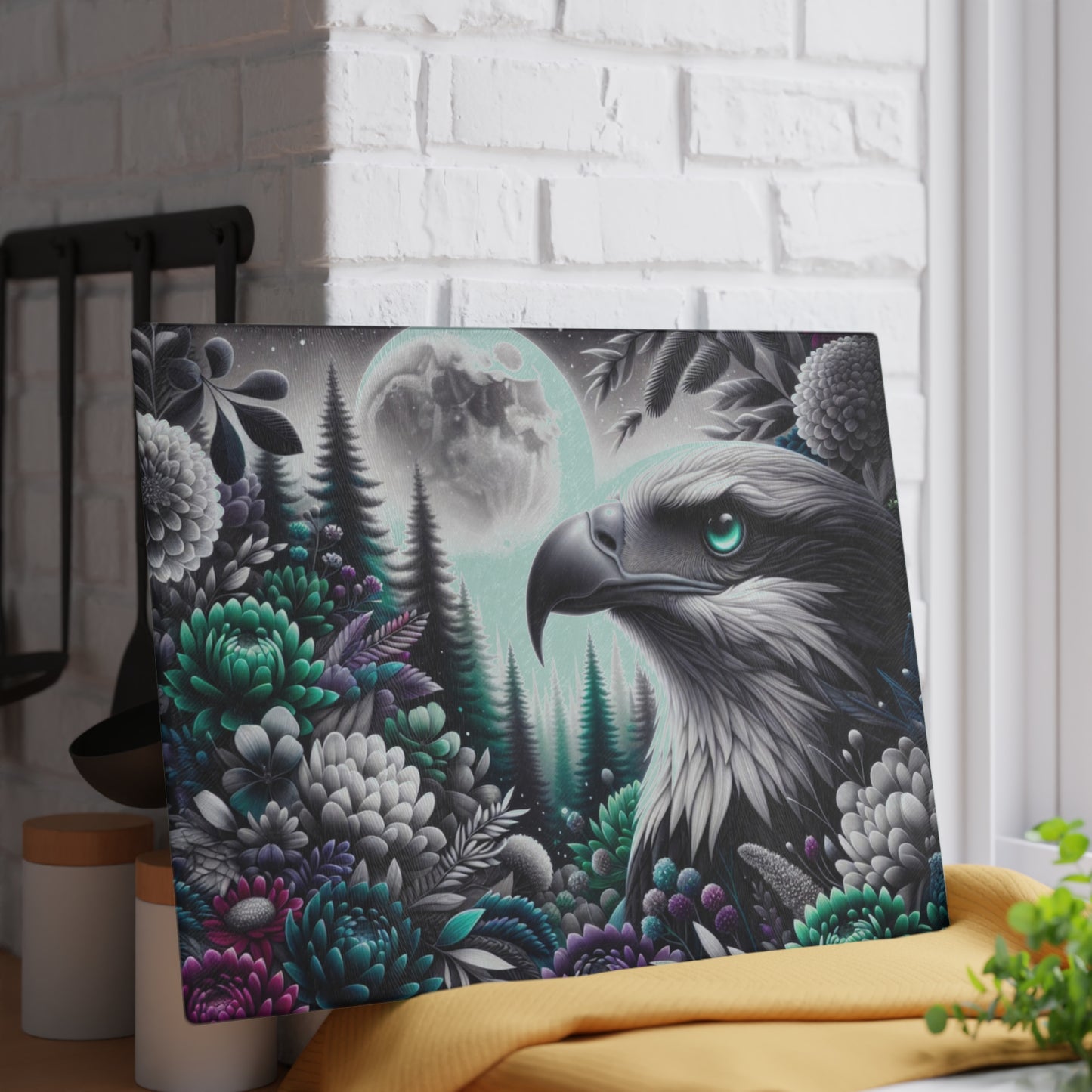 🦅🌕 “Midnight Moon Eagle” Glass Cutting Board – Bold, Modern Wild Beauty for Your Kitchen