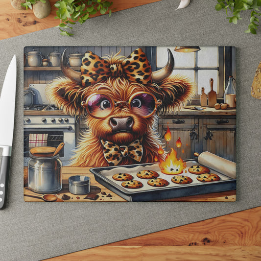 🐮🔥 Rustic Cow Art Glass Cutting Board – Country Charm for Your Kitchen