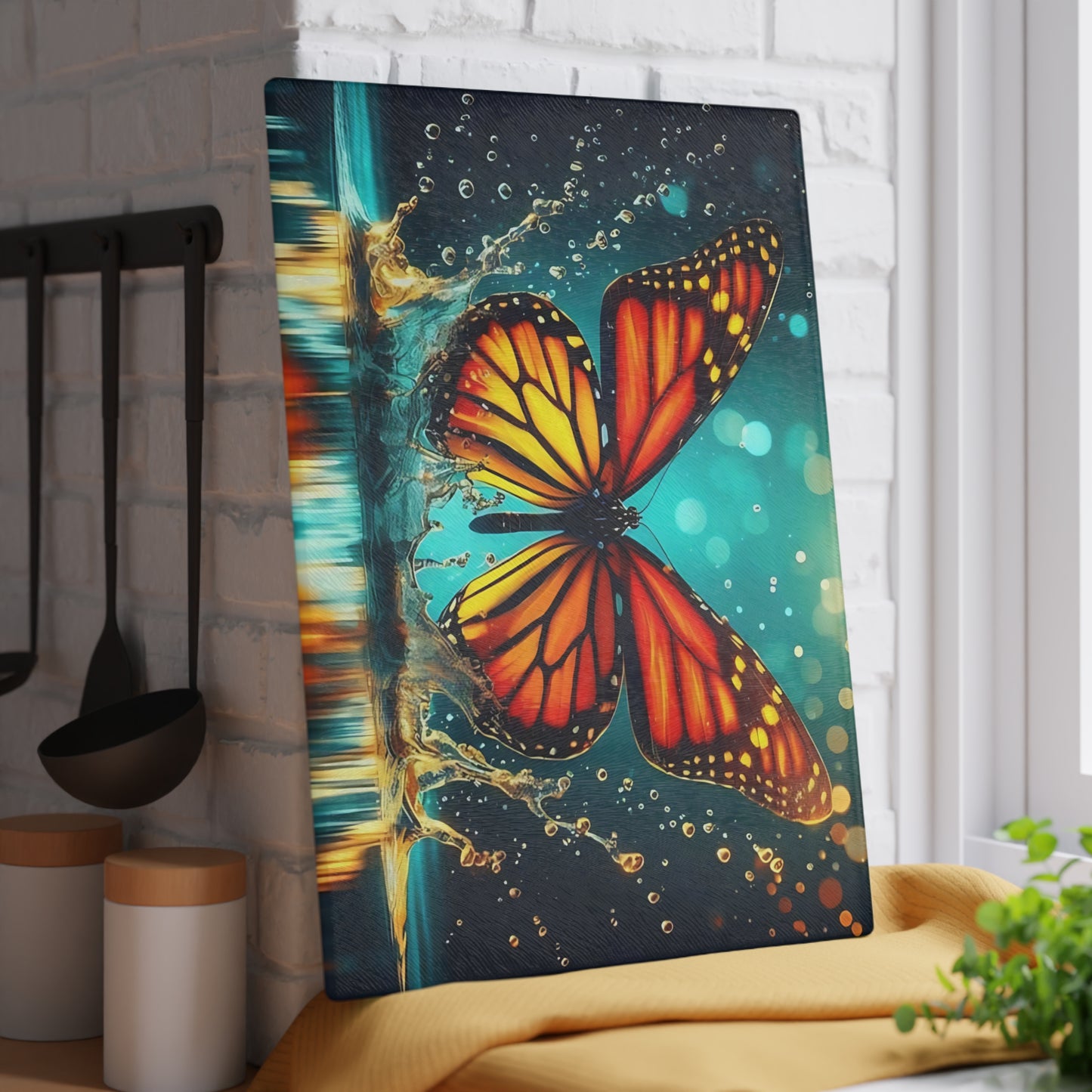 Monarch Butterfly Splash Glass Cutting Board – Vibrant Water Scene, Nature-Inspired Kitchen Decor