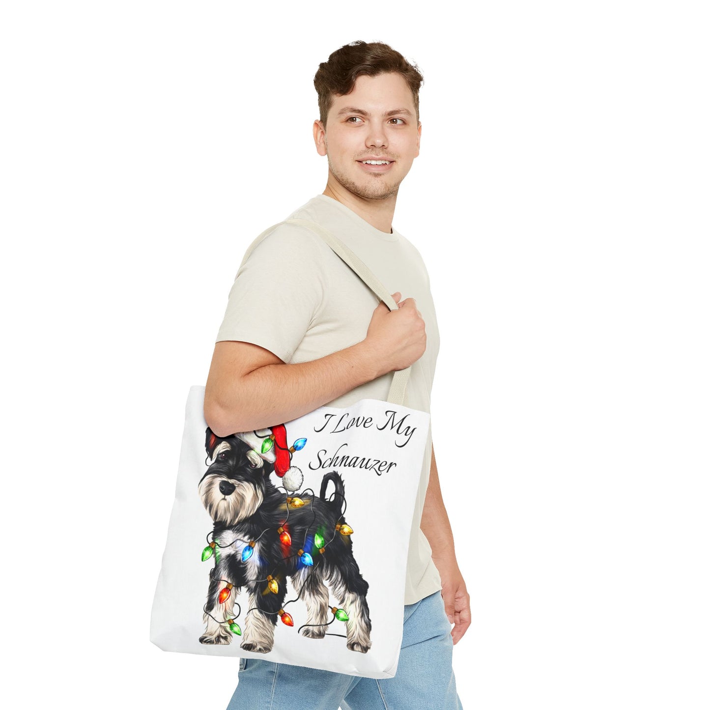 🎄 I Love My Schnauzer Tote Bag – Christmas Lights & Holiday Woofs 🐾