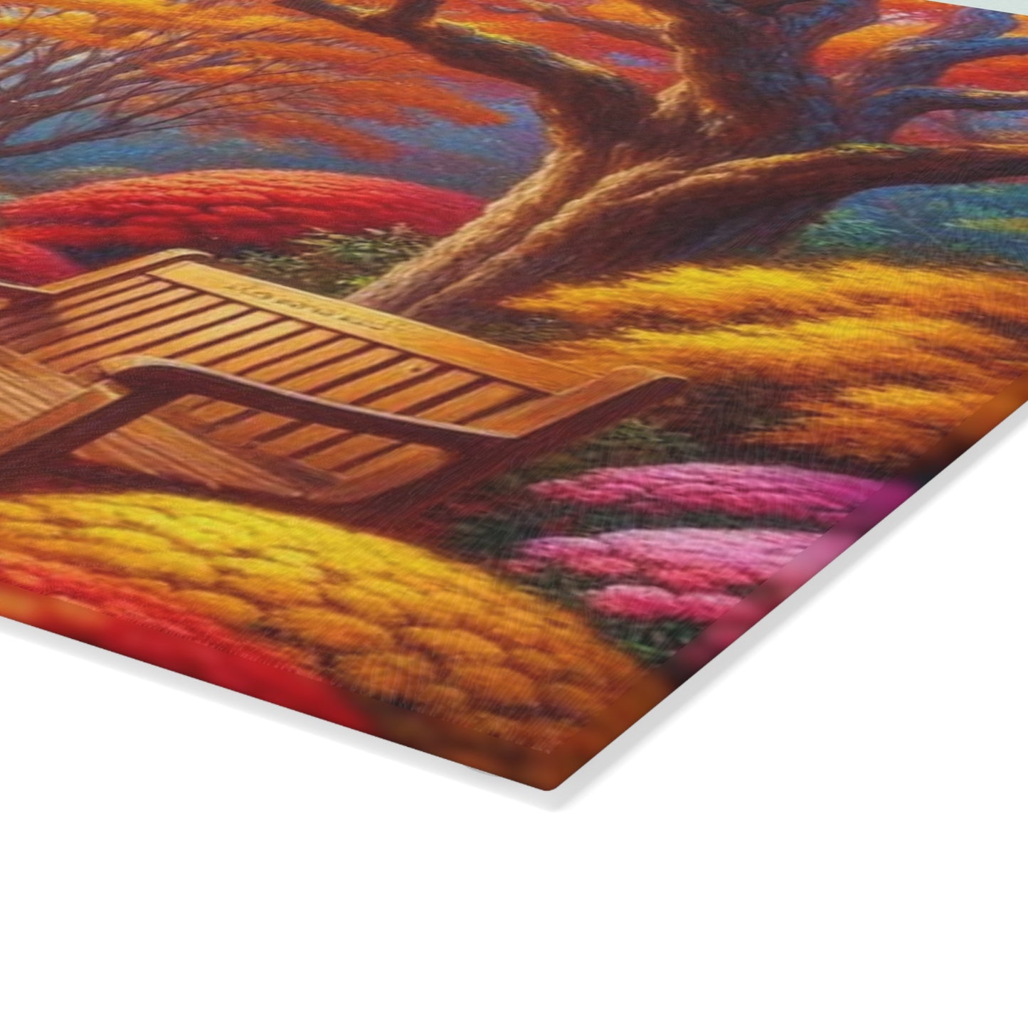 🍁 Autumn Park Bench Path – Cozy Fall Tempered Glass Cutting Board