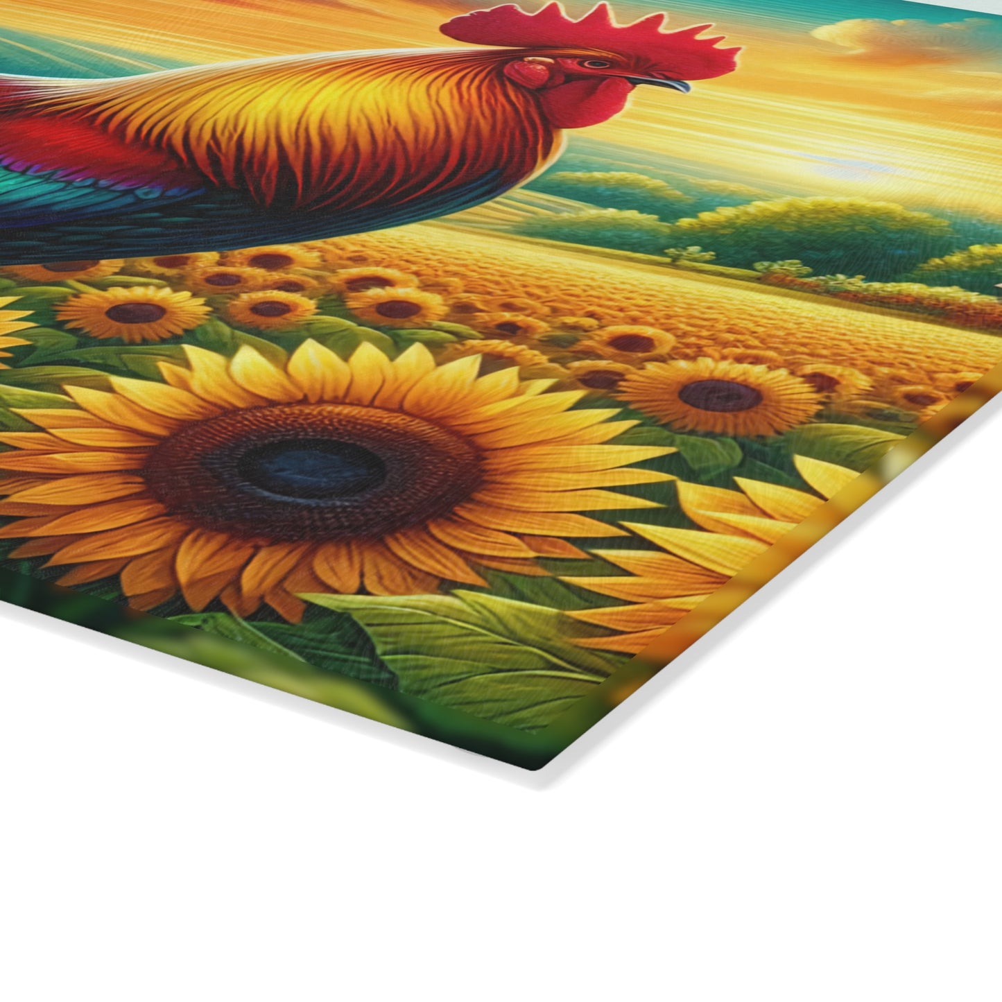 🐓🌻 Rooster on a Rock Glass Cutting Board – Bold Barnyard Charm in a Sunflower Field 🌾🌞