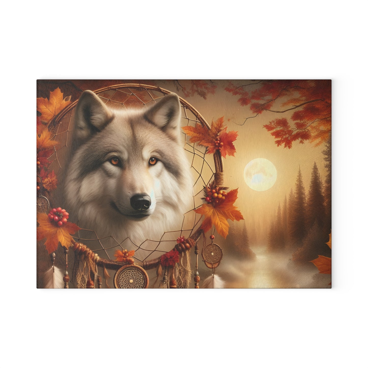 🐺 Autumn Wolf Dreamcatcher Cutting Board – Mystical Forest Elegance 🌕