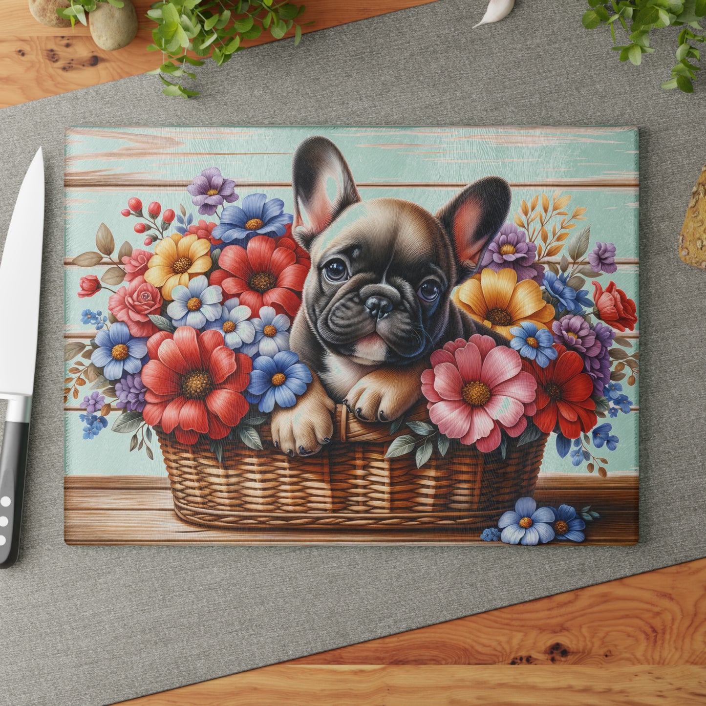 🐶🌸 French Bulldog in Basket Cutting Board – Adorable Elegance for Your Kitchen 🌼