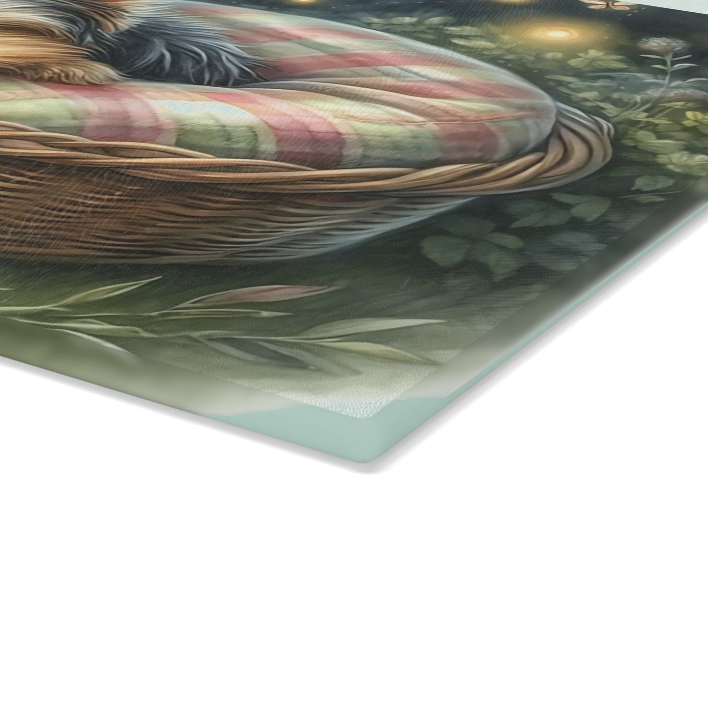 🐾✨ Sleeping Yorkie in Basket Cutting Board – Dreamy Garden Charm for Your Kitchen 🌙🕯️