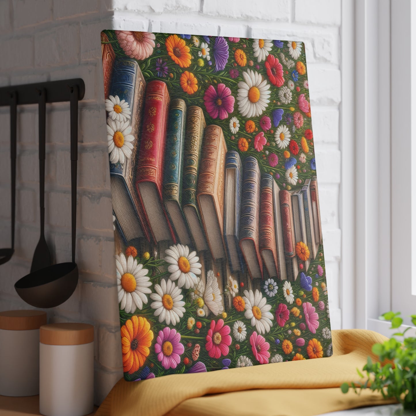 📚 Stacked Books & Wildflowers Cutting Board – Literary Charm Meets Kitchen Elegance 🌸