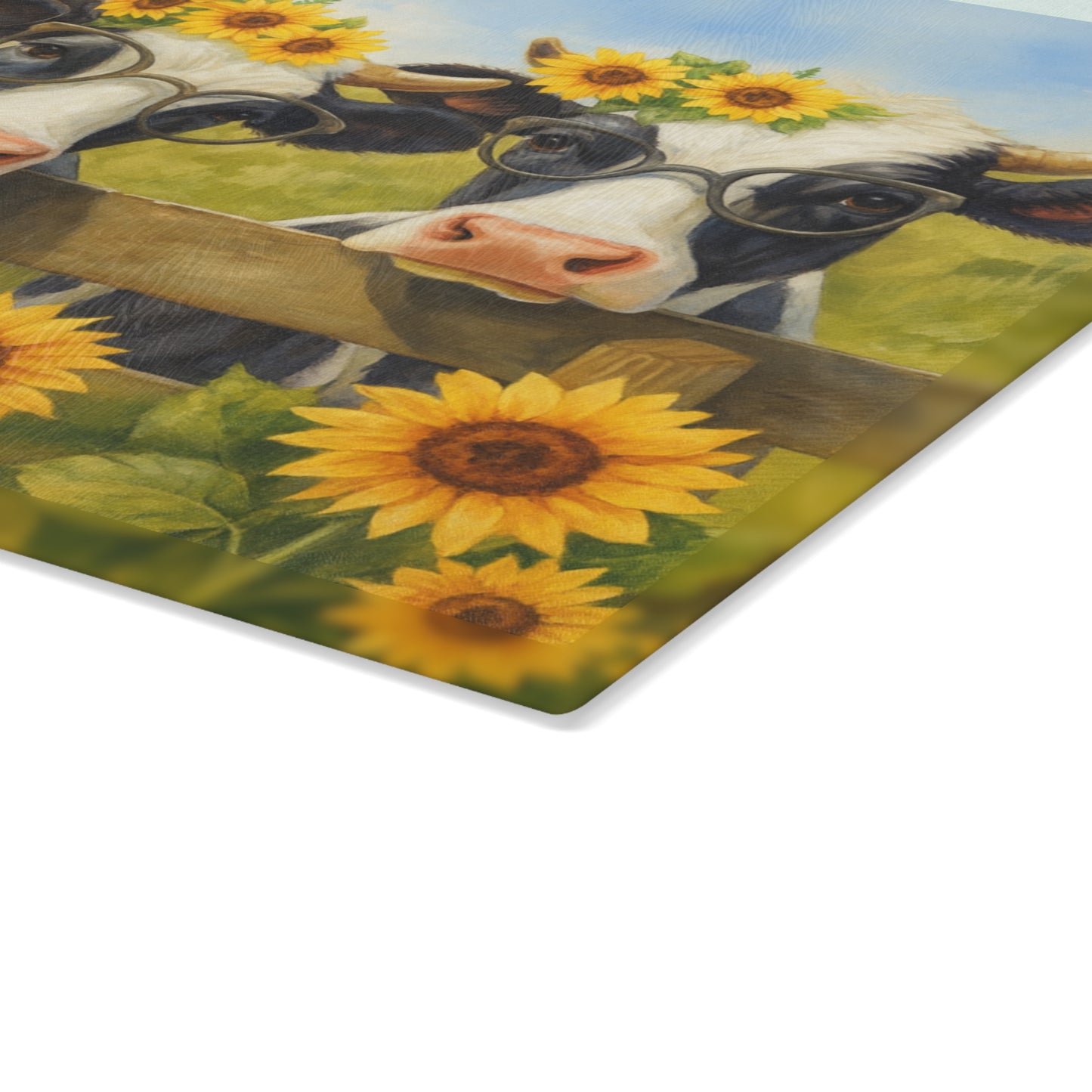 🐮🌻 “Sunflower Cow Trio” Glass Cutting Board – Bright Farmhouse Smiles