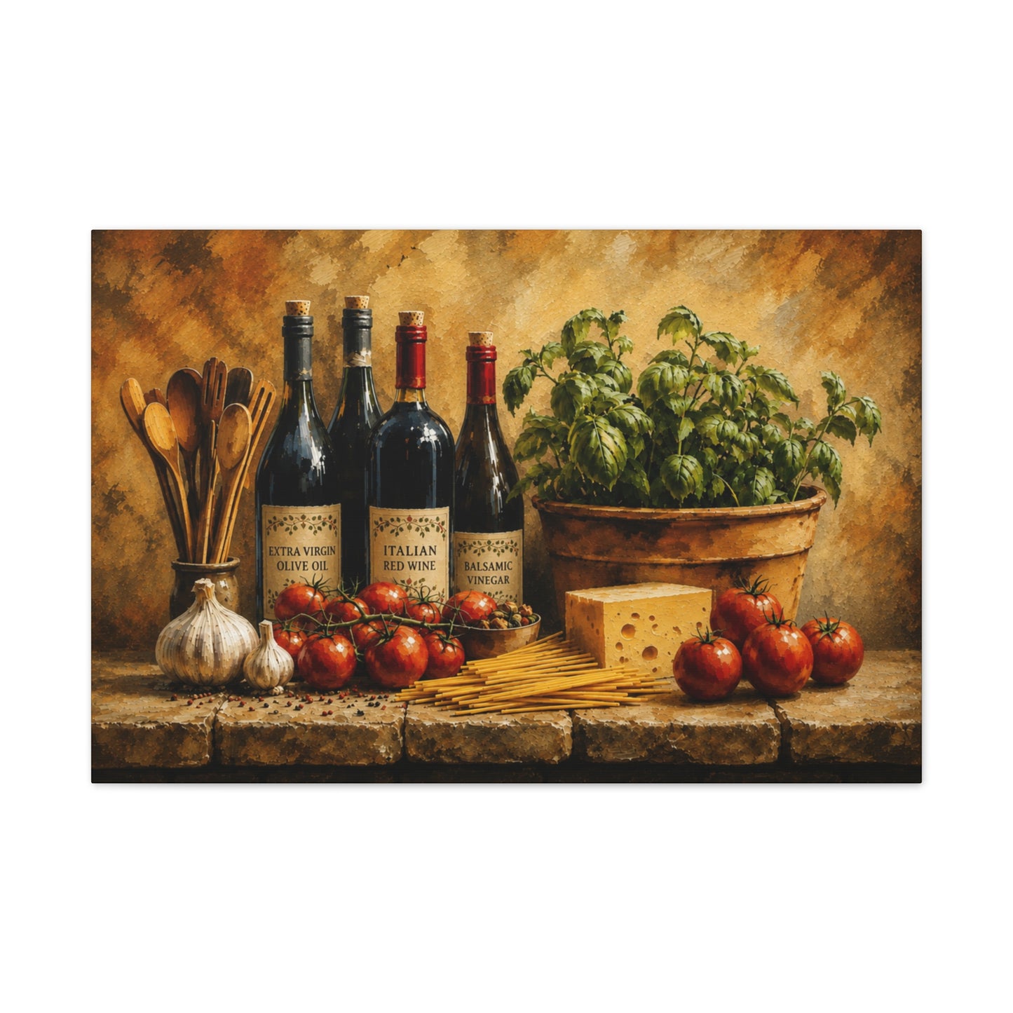 Rustic Italian Kitchen Stretched Canvas Wall Art – Tuscan Kitchen Decor – Italian Food & Wine Canvas