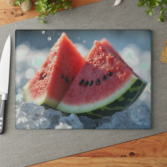 Tabla de cortar de vidrio con rodajas de sandía sobre hielo: una refrescante decoración de cocina de verano, un vibrante regalo con temática frutal.