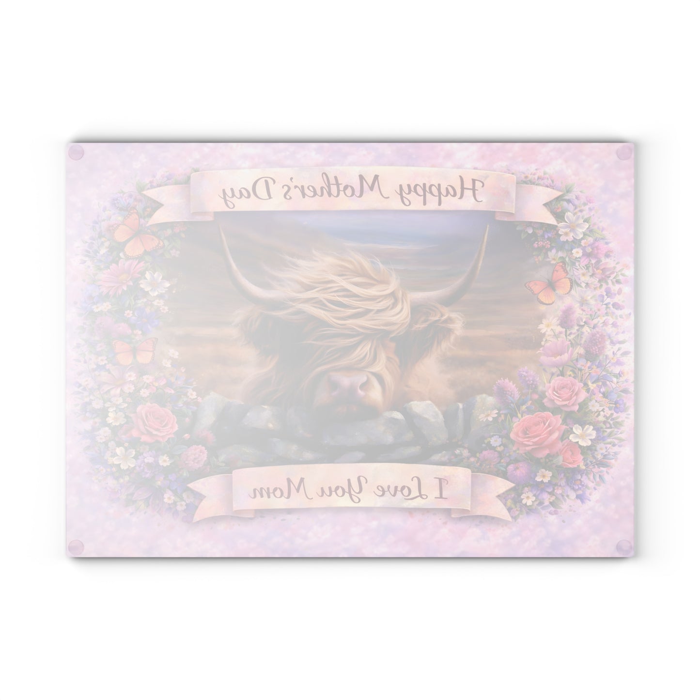 Mother’s Day Highland Cow Floral Glass Cutting Board – Soft Country Artwork with Butterflies