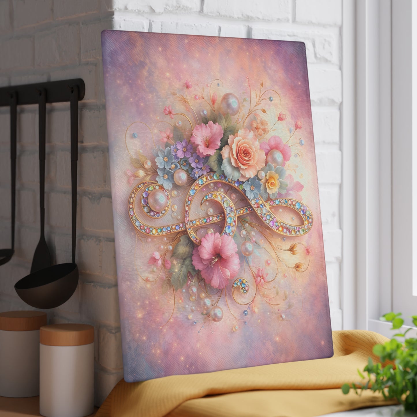 Floral Treble Clef Glass Cutting Board – Elegant Music-Inspired Art Kitchen Decor