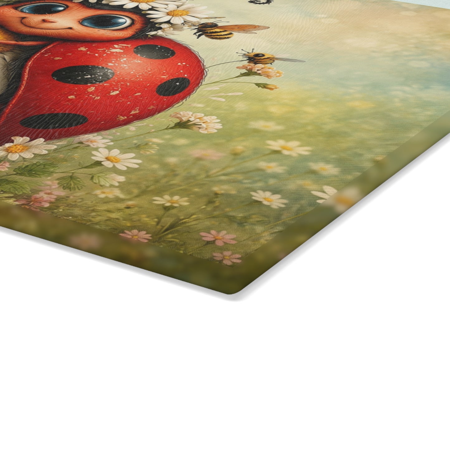 Ladybug Hugging Daisy Glass Cutting Board – Adorable Garden Artwork with Whimsical Spring Charm