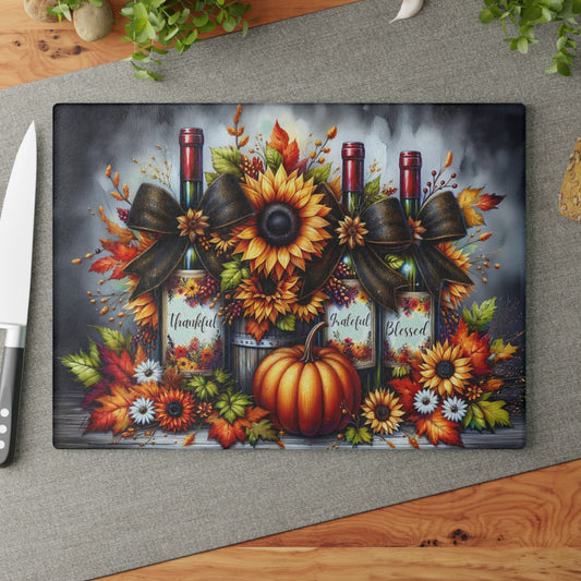 🍂🍷 “Thankful • Grateful • Blessed” Sunflower Wine Trio – Glass Cutting Board