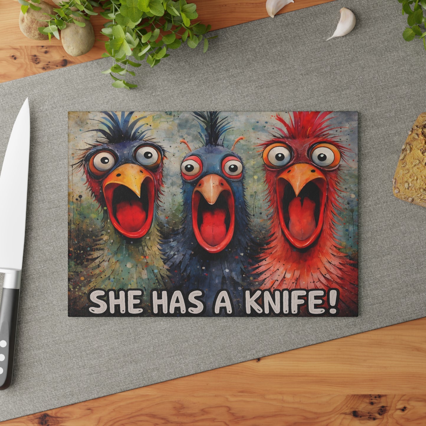 She Has a Knife Glass Cutting Board – Funny Chicken Kitchen Art with Bold Farm Humor