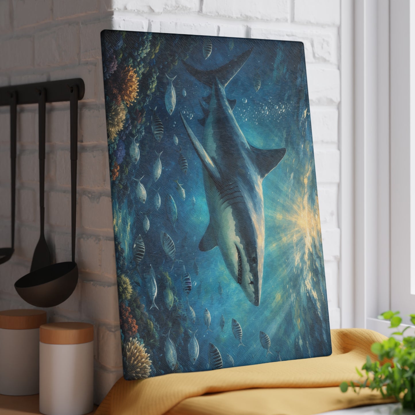 Guardian of the Deep Glass Cutting Board – Majestic Ocean Shark Artwork