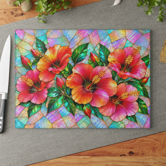 Stained-Glass-Inspired Tropical Hibiscus Cutting Board – Vibrant Pink & Orange Flowers, Iridescent Mosaic Background & Botanical Kitchen Décor