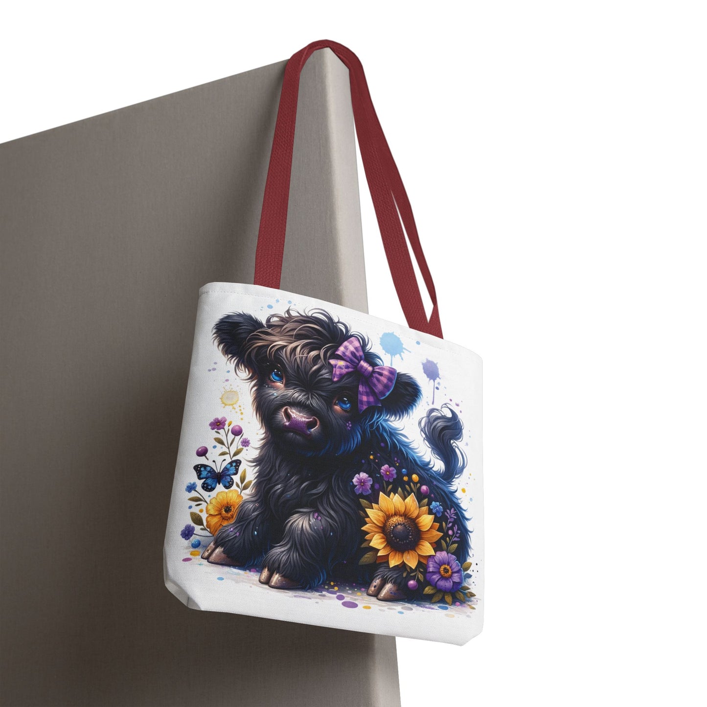 💜 Purple Bow Black Highland Calf Tote Bag – Country Charm with a Pop of Color 🐮👜