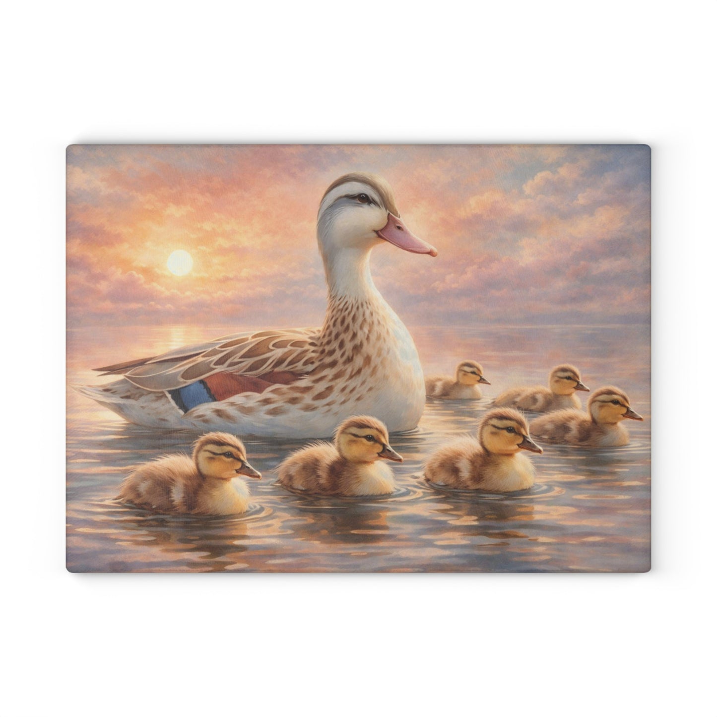 Duck Family Sunset Lake Glass Cutting Board – Peaceful Wildlife Nature Kitchen Art