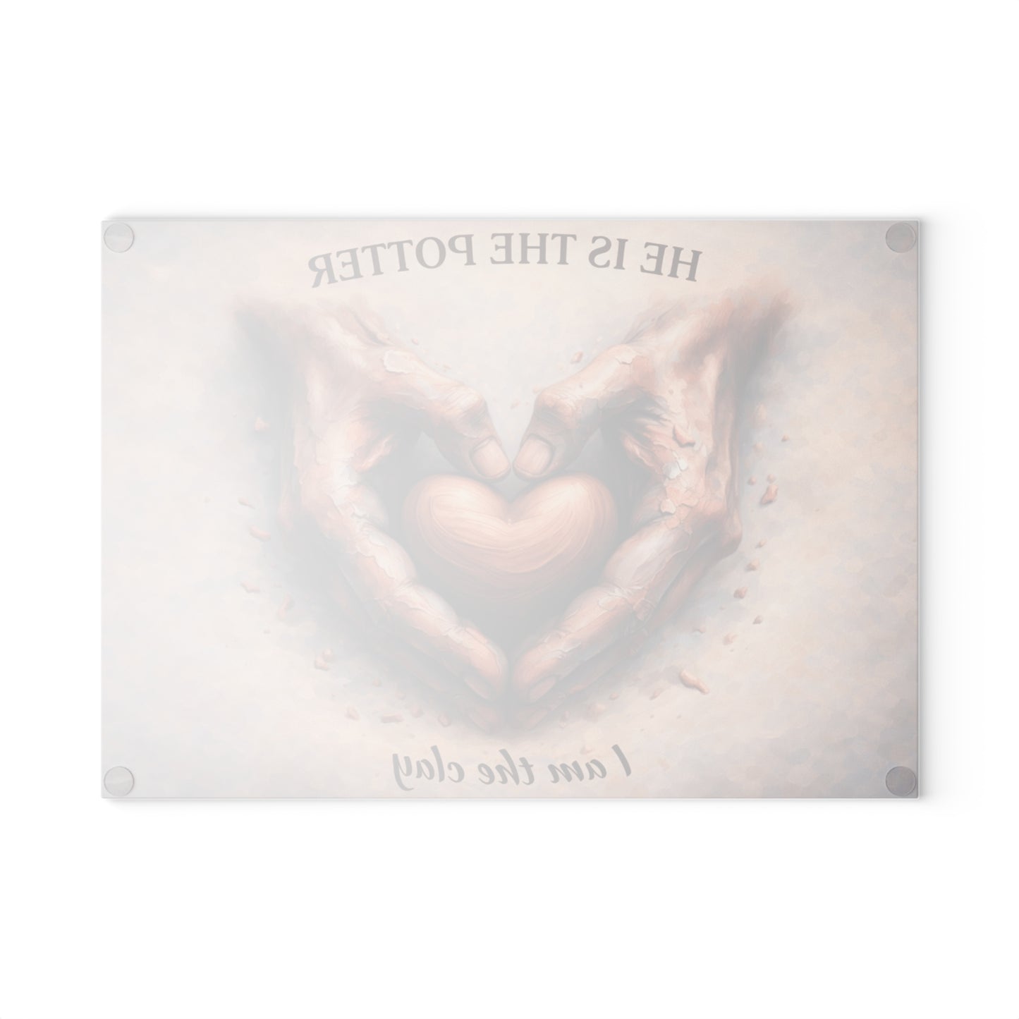 He Is the Potter, I Am the Clay Glass Cutting Board – Faith-Inspired Hands Forming Heart Design