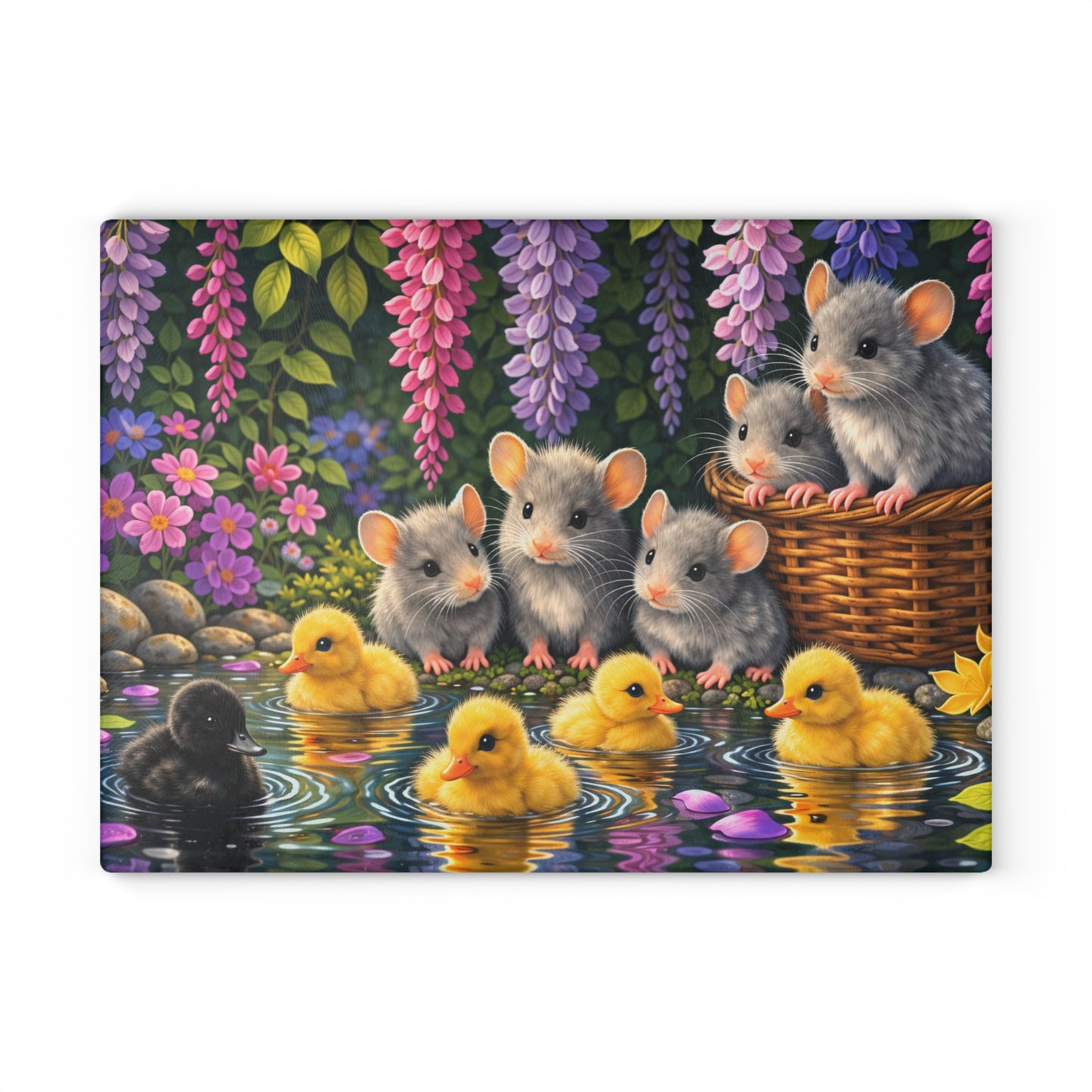 Baby Ducklings and Mice Pond Glass Cutting Board – Whimsical Woodland Garden Artwork