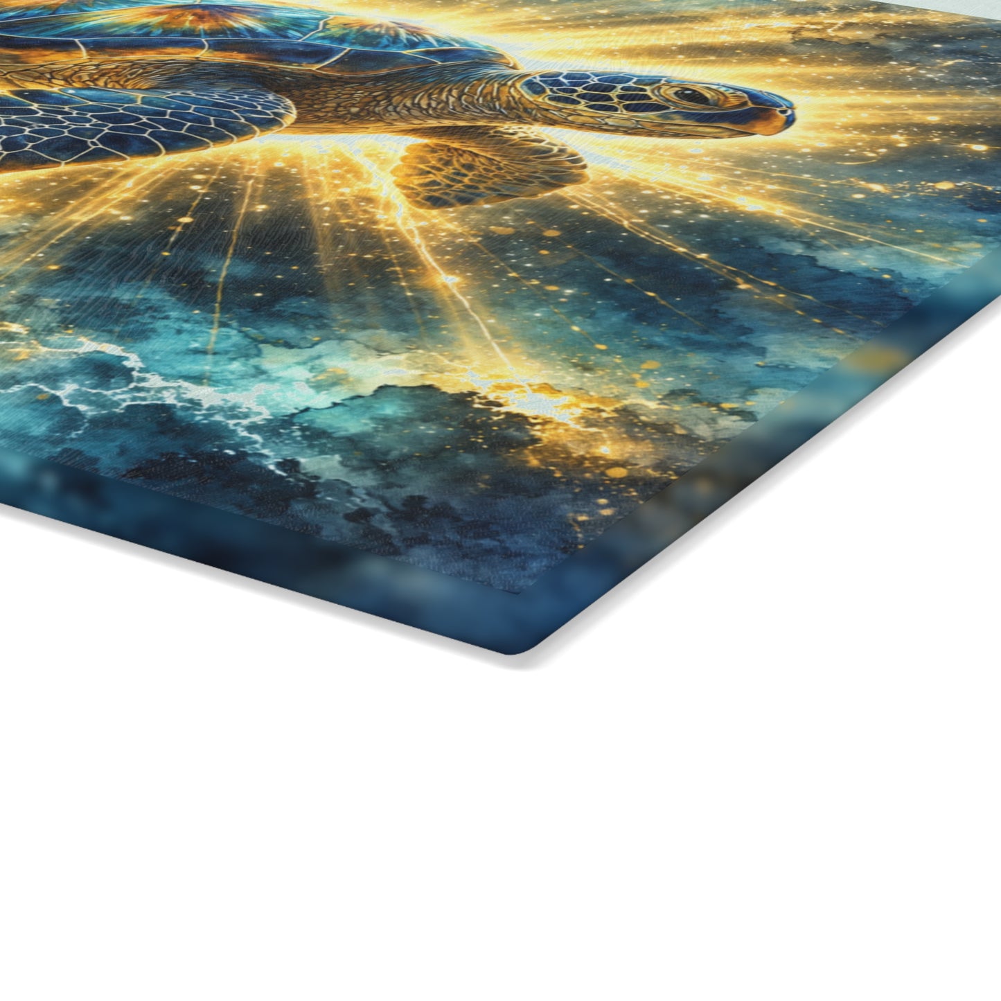 Radiant Sea Turtle Glass Cutting Board – Luminous Ocean Wildlife Art