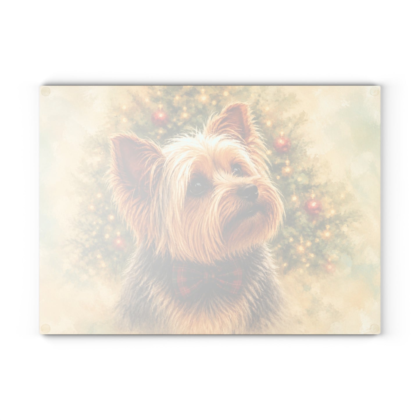 Yorkie Christmas Glass Cutting Board – Yorkshire Terrier Holiday Dog Decor with Plaid Bow Tie & Christmas Tre
