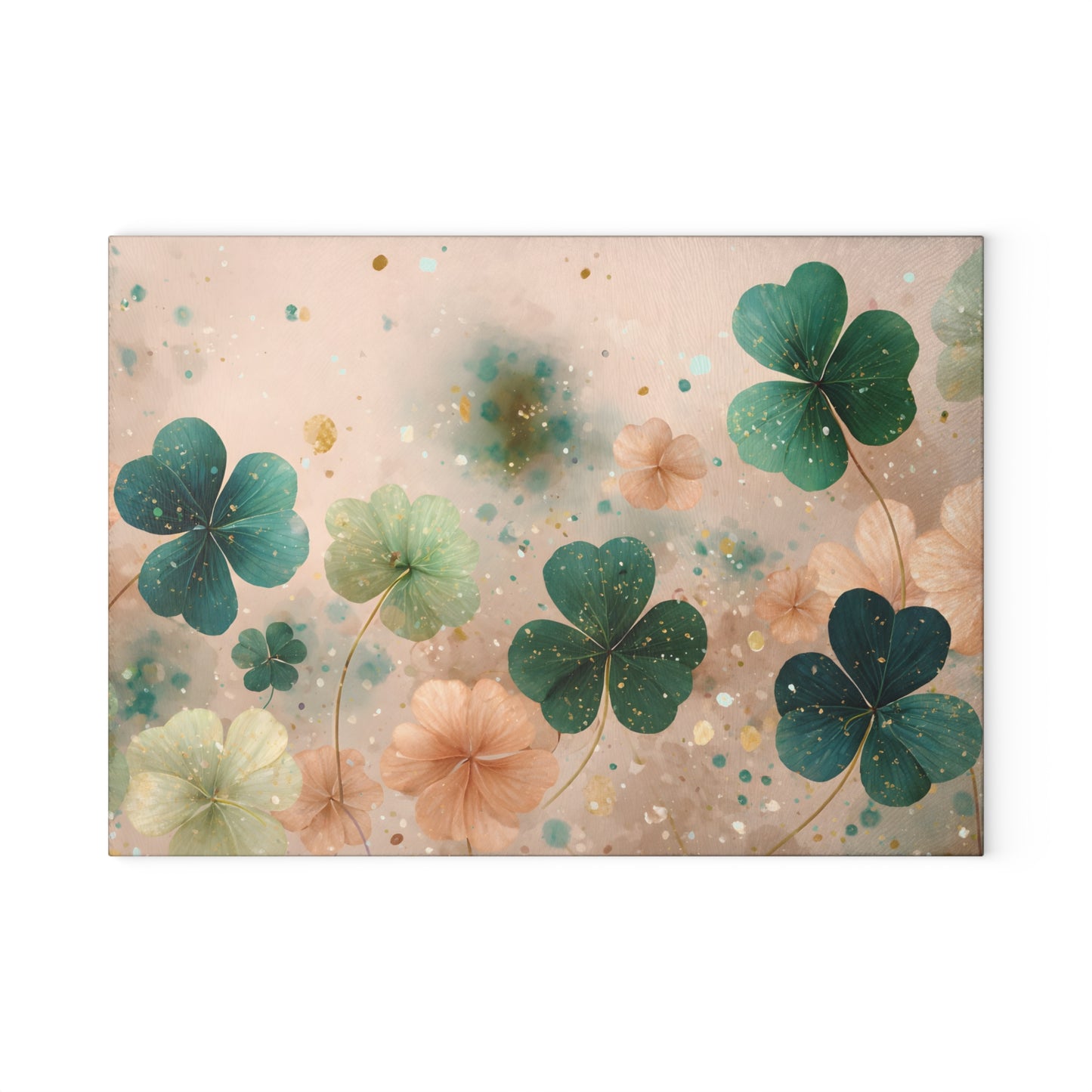 Pastel Shamrock Floral Glass Cutting Board – Soft Irish Clover Spring Kitchen Art