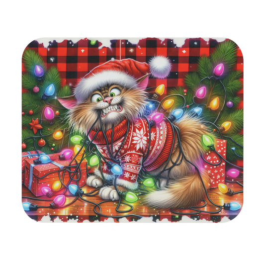 🖱️🎄🐱 Tangled Lights Christmas Cat Mouse Pad – Festive Plaid & Cozy Chaos