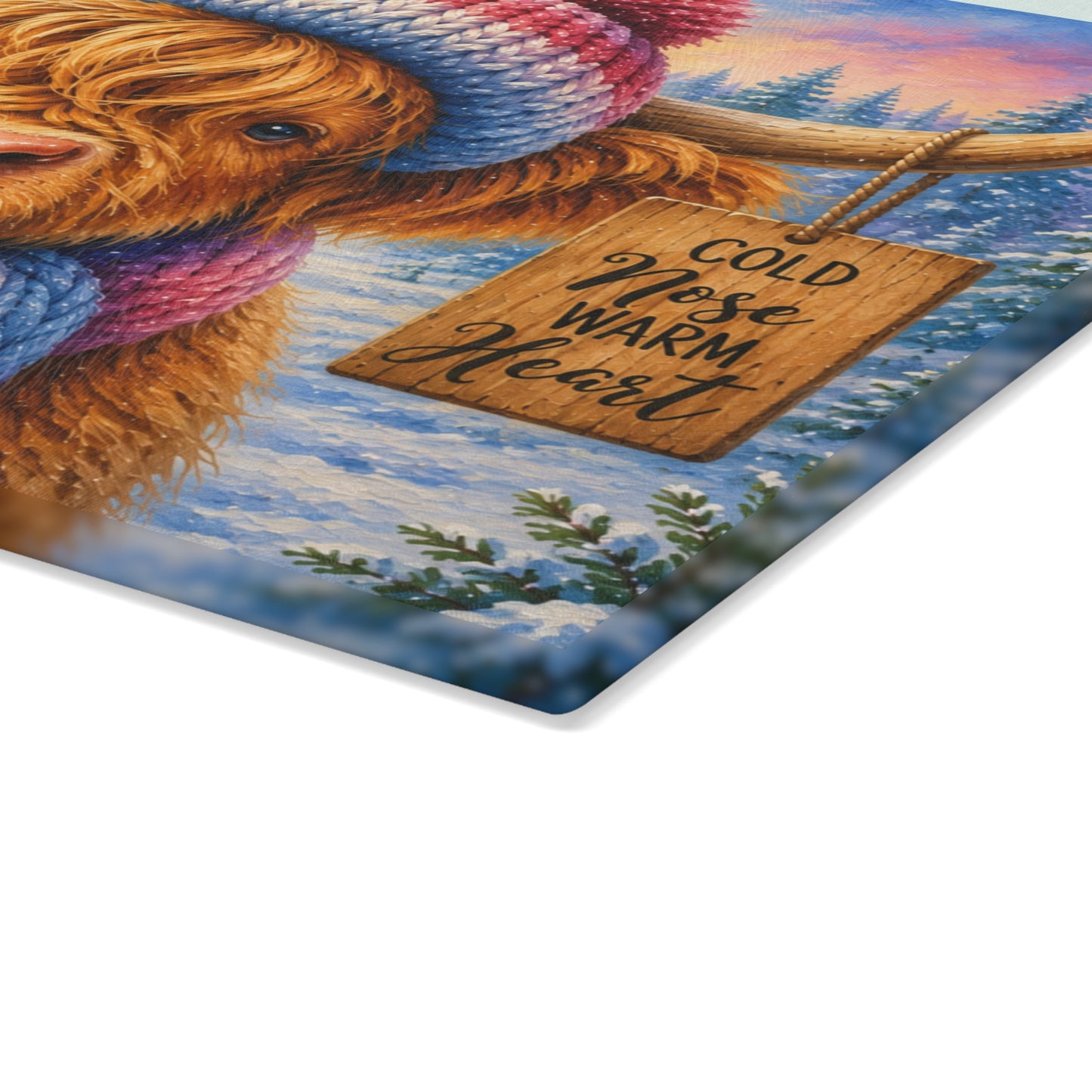 Cold Nose Warm Heart Highland Cow Glass Cutting Board – Cozy Winter Cow Kitchen Decor