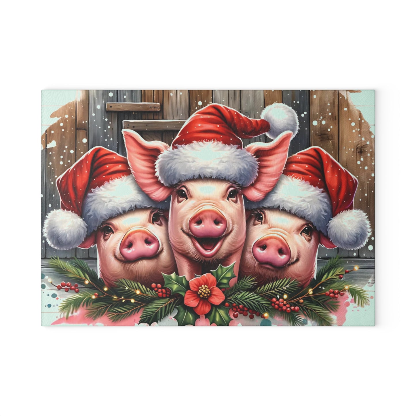 🐷🎄 “Santa Hat Pig Trio” Glass Cutting Board – Cozy Charm for Your Kitchen