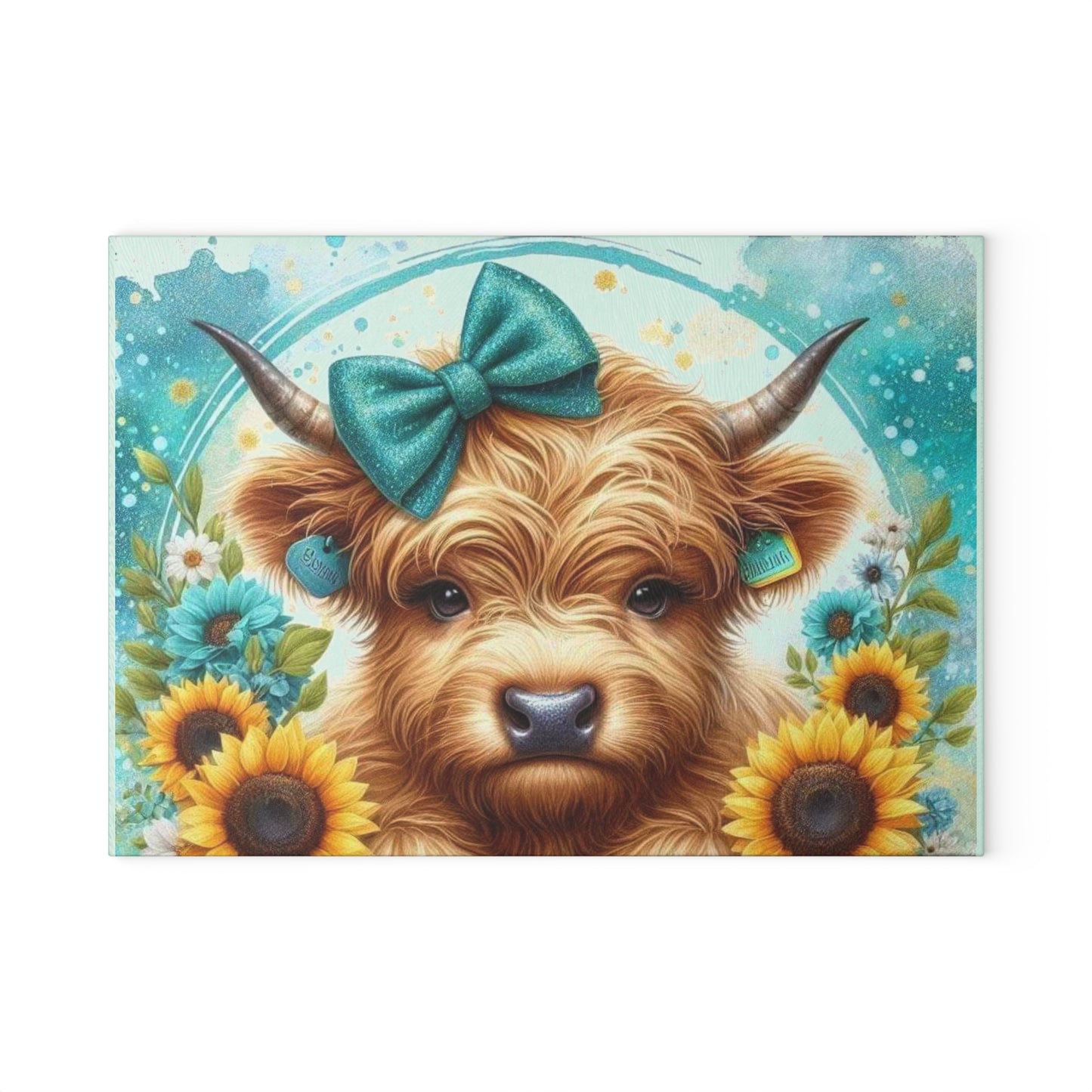 Tabla de cortar de vidrio con diseño de vaca de las Tierras Altas, lazo y girasoles