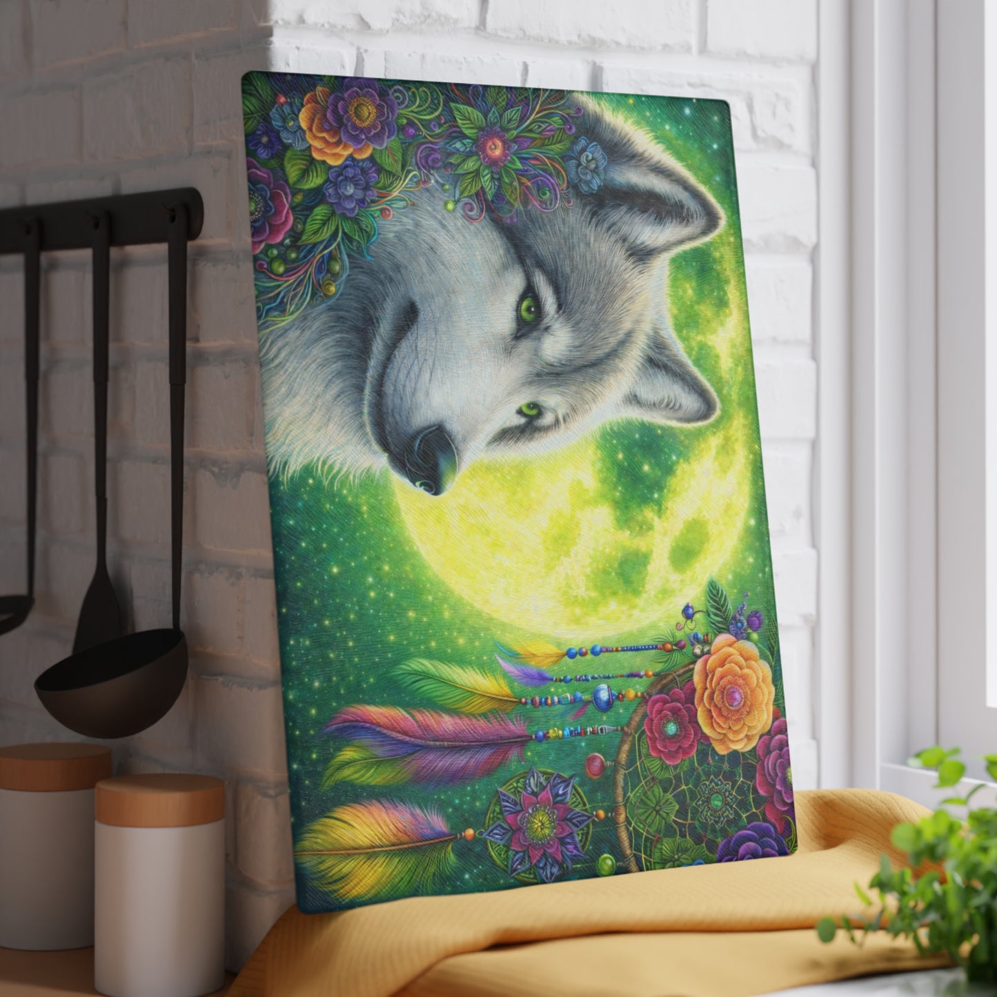 Moonlit Spirit Wolf Glass Cutting Board – Colorful Dreamcatcher Wildlife Kitchen Art