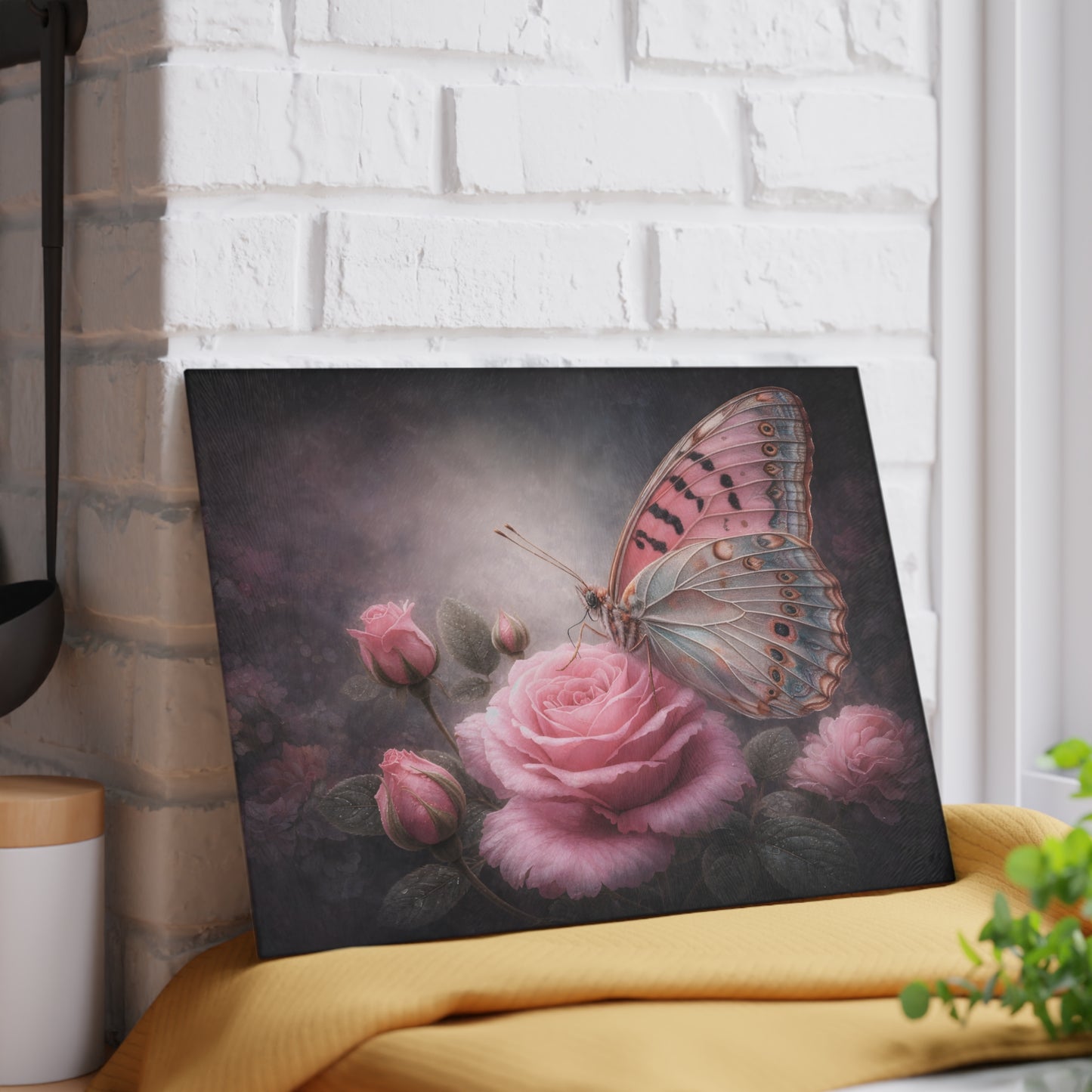 Blush Butterfly & Rose Glass Cutting Board – Elegant Floral Butterfly Kitchen Art