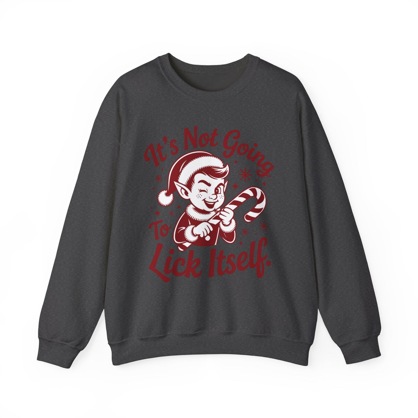 🍭😅 “It’s Not Going To Lick Itself” Men’s Funny Elf Sweatshirt – Bold Candy Cane Humor Crewneck