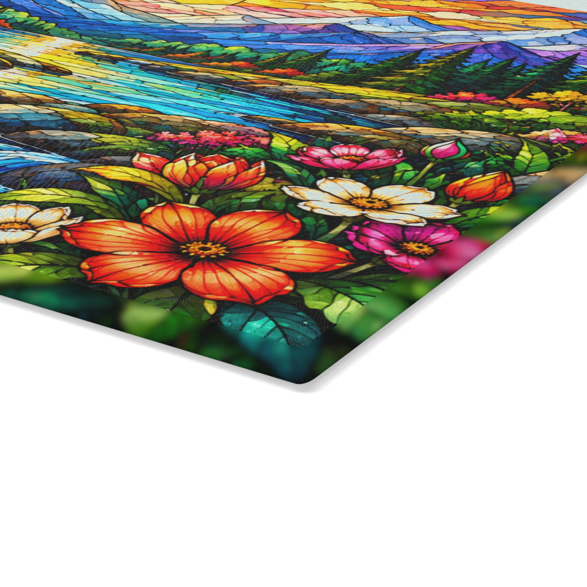 Stained-Glass-Inspired Mountain Sunset Cutting Board – Colorful Wildflowers, Alpine Lake & Waterfall Kitchen Décor