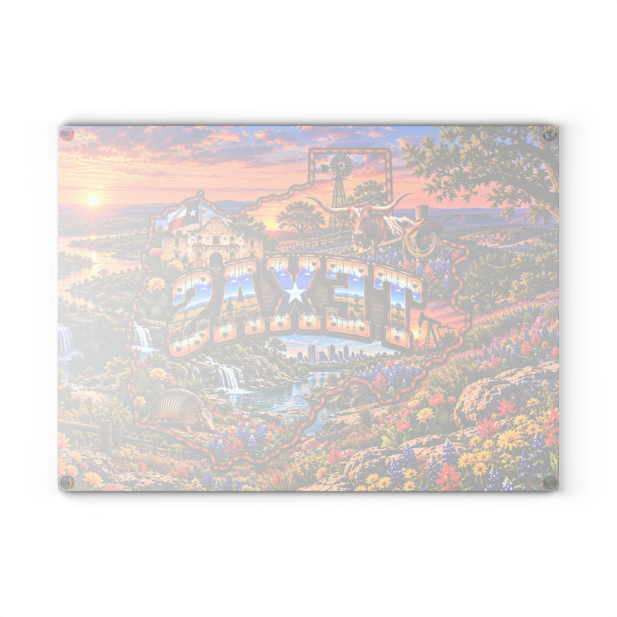 Texas Glass Cutting Board – Texas State Map, Longhorn, Alamo, Bluebonnets, Waterfalls & Sunset Kitchen Décor