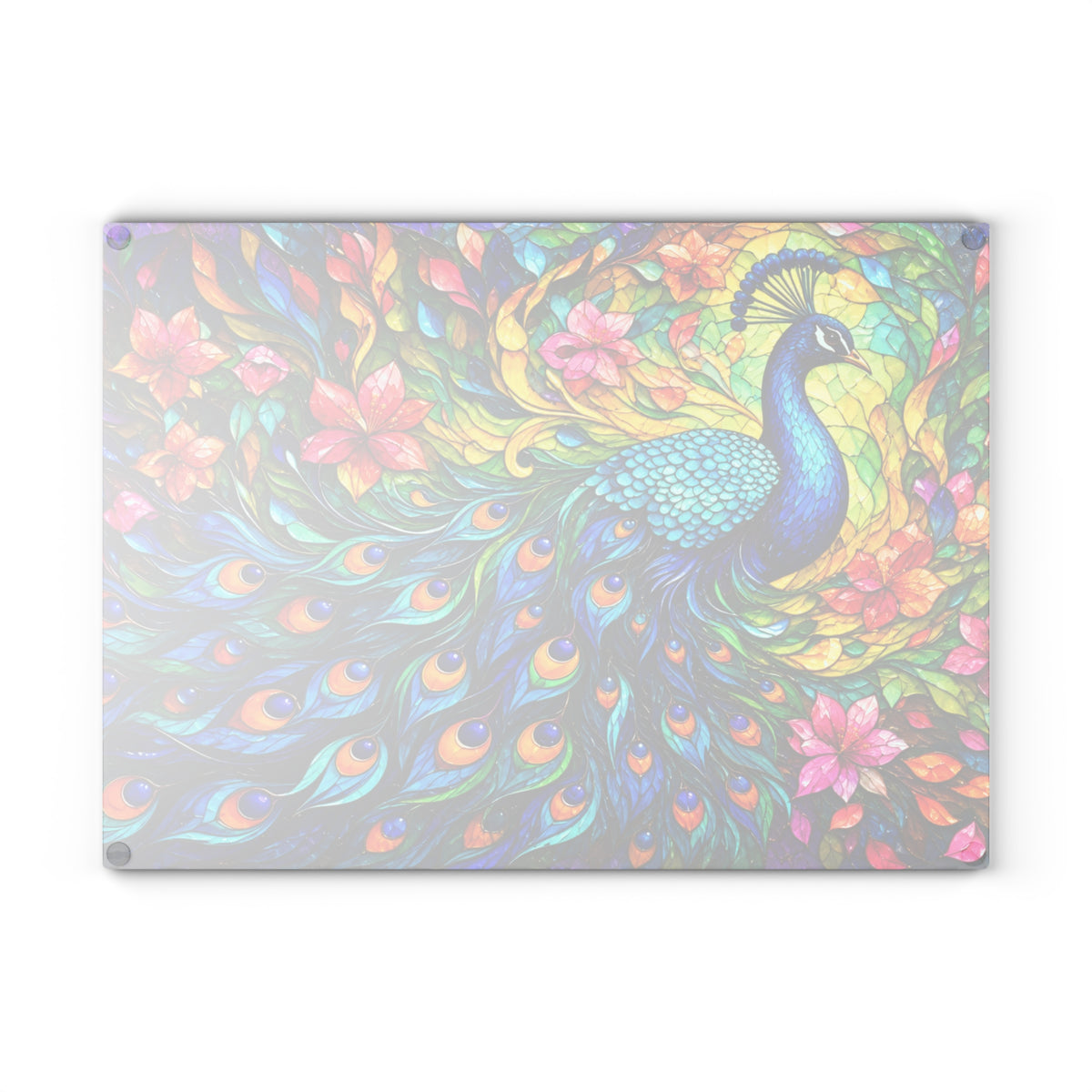 Colorful Peacock Stained-Glass-Inspired Cutting Board – Vibrant Peacock Feathers, Tropical Flowers & Elegant Kitchen Décor