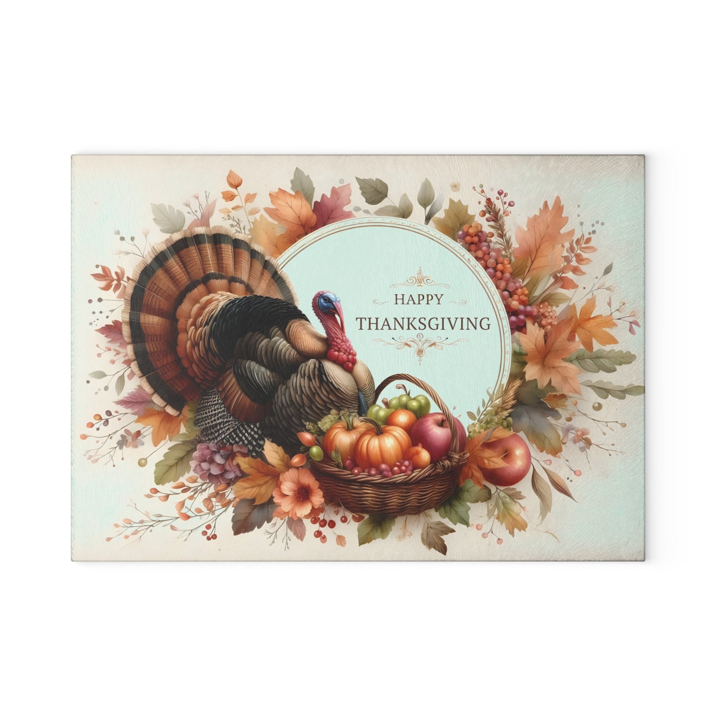 🦃🍁 “Happy Thanksgiving” Turkey & Harvest Basket Glass Cutting Board – Elegant Fall Décor ✨🌾
