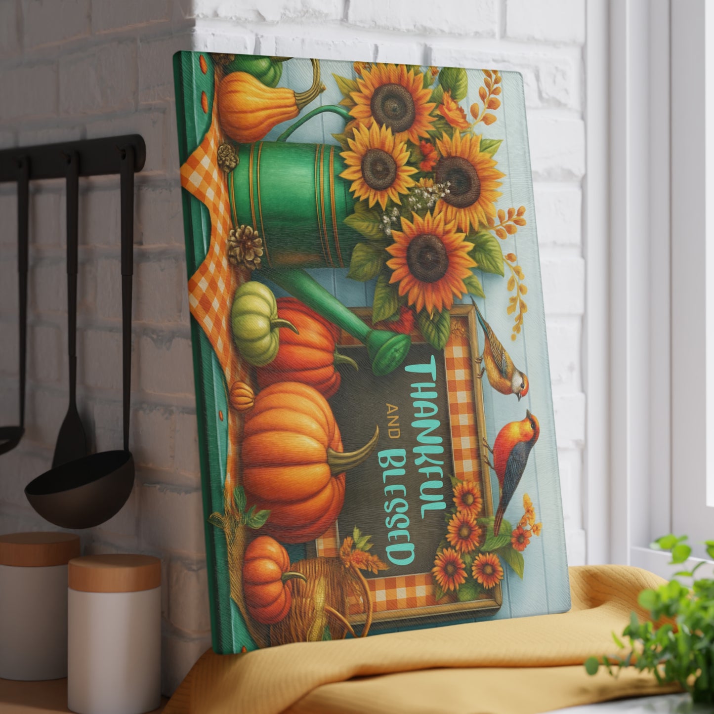 🍂🌻 “Thankful & Blessed Harvest” Tempered Glass Board – Sunny Fall Kitchen Cheer