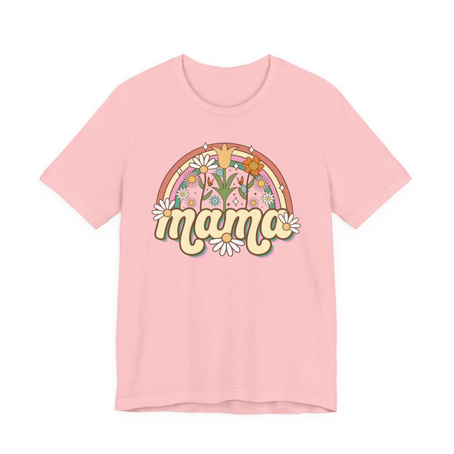 🌼🌈 Retro Floral Mama T-Shirt – Boho Rainbow Graphic Tee for Moms 🌻✨