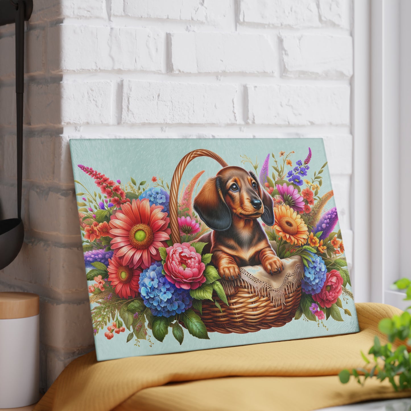 🌸 Dachshund Floral Basket Cutting Board – Whimsical Charm for Your Kitchen