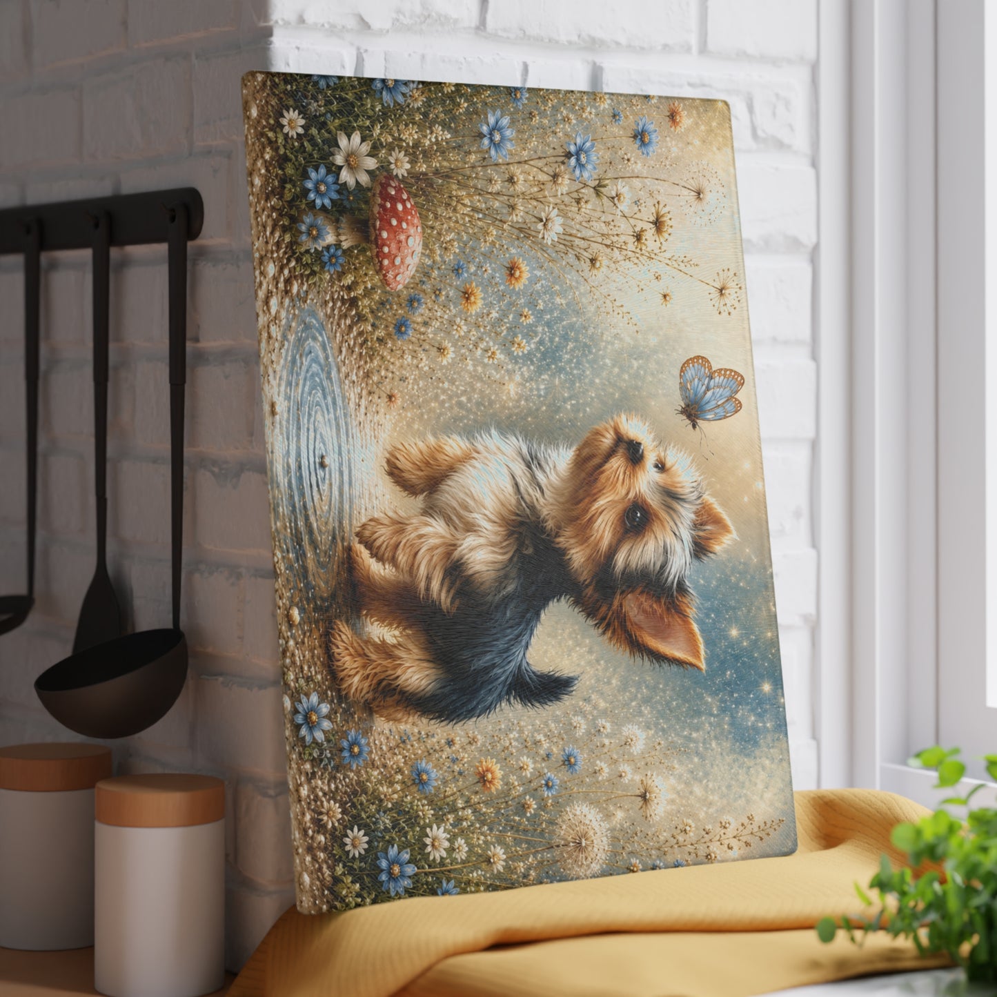 Whimsical Yorkie Butterfly Glass Cutting Board
