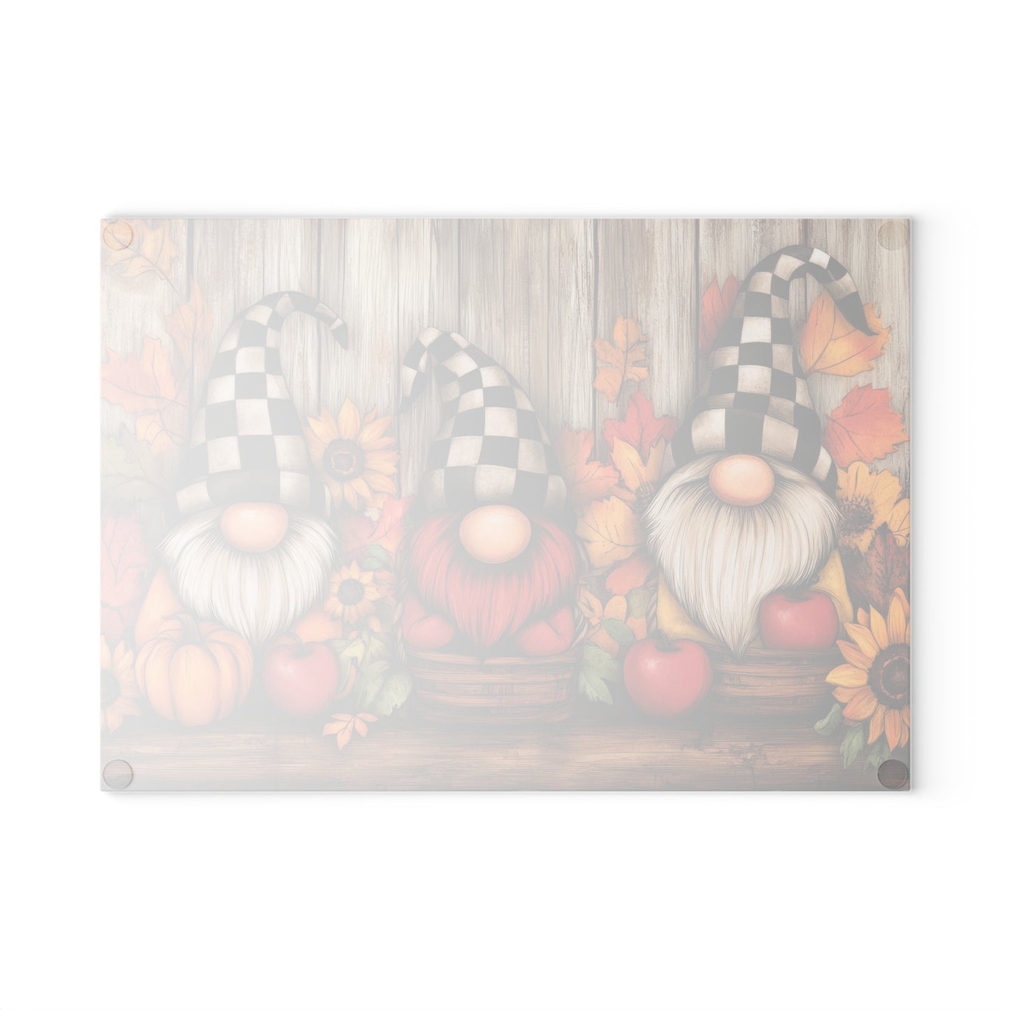 🍎 Fall Harvest Gnome Trio Cutting Board – Rustic Charm with Sunflowers, Apples & Checkered Hats 🍂🎃