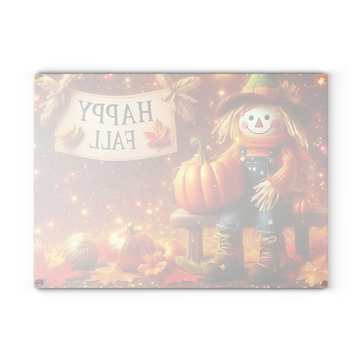 🍂🌟 Happy Fall Scarecrow Cutting Board – Rustic Autumn Kitchen Décor with Pumpkins & Golden Glow 🎃✨