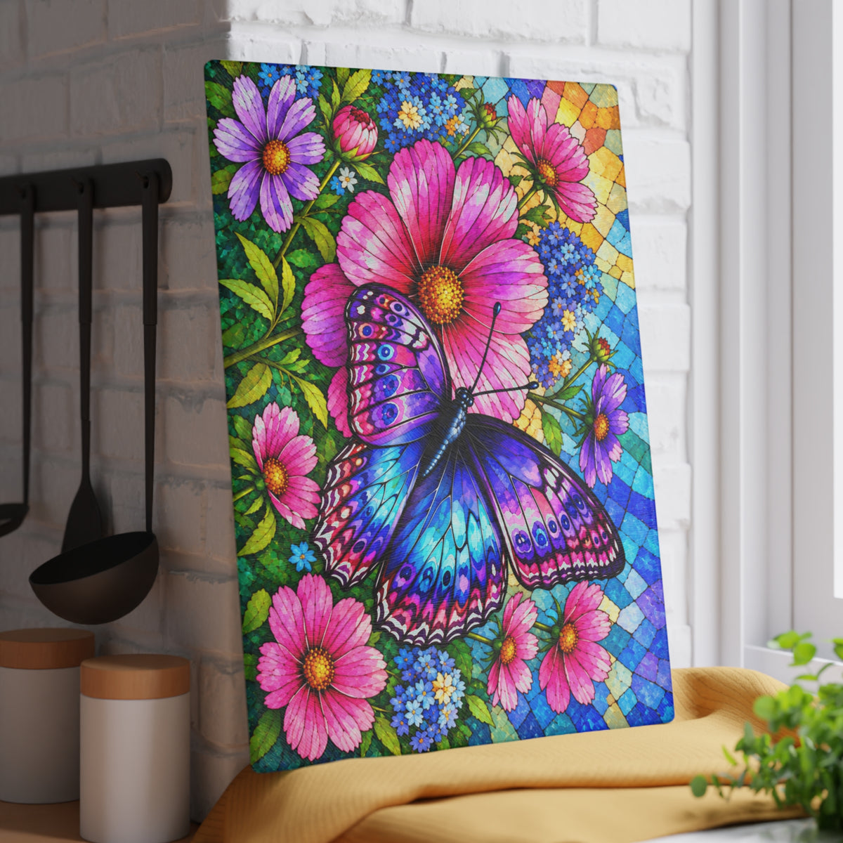 Colorful Butterfly & Wildflowers Stained-Glass-Inspired Glass Cutting Board