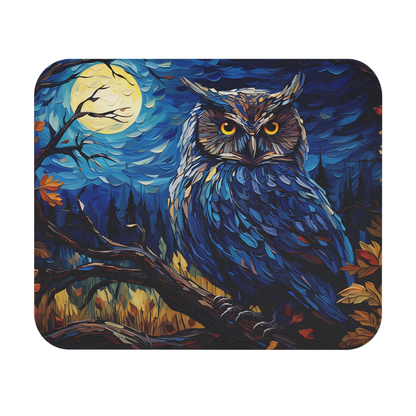 🖱️🦉🌕 Midnight Owl Mouse Pad – Full Moon Forest in Deep Blues