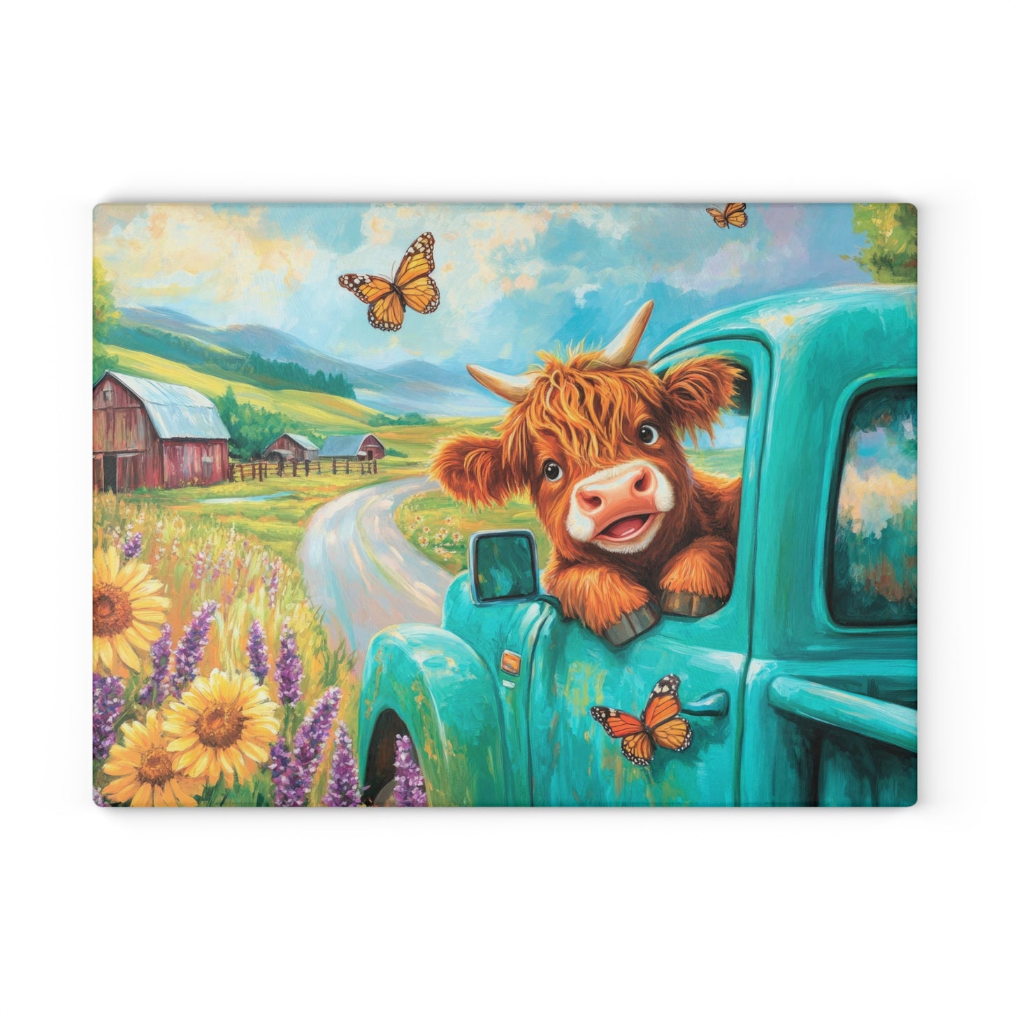 🚜🌻 Baby Highland Cow in Old Truck Glass Cutting Board – Rustic Farm Charm with Sunflowers & Barn 🌼