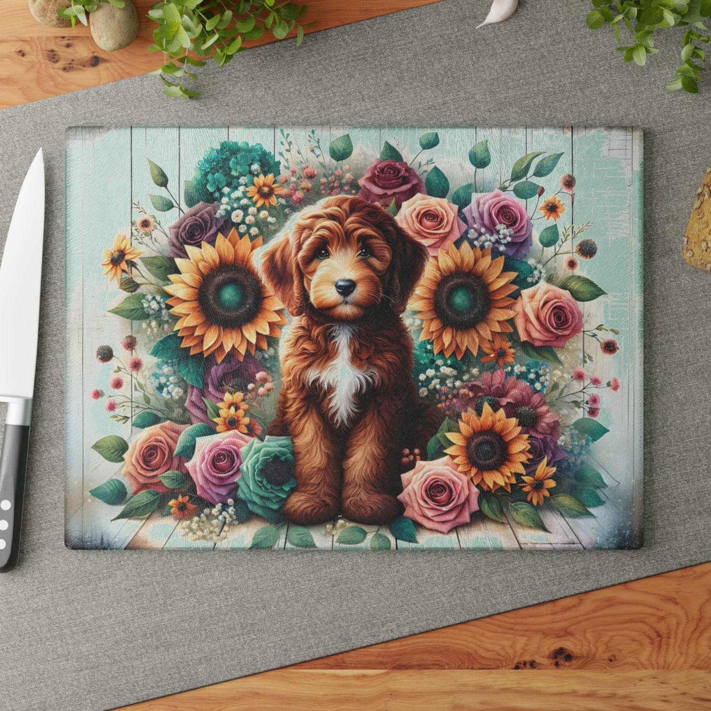 🐶🌻 “Sunflower Pup” Glass Cutting Board – Bright, Happy Farmhouse Vibes for Your Kitchen