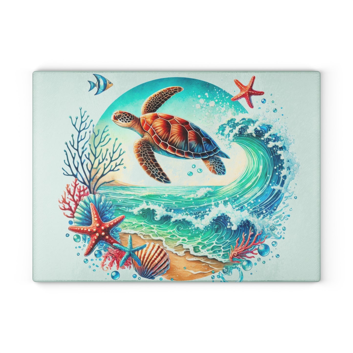 Tabla de cortar con diseño de tortuga y olas del océano: un toque de serenidad y estilo costero